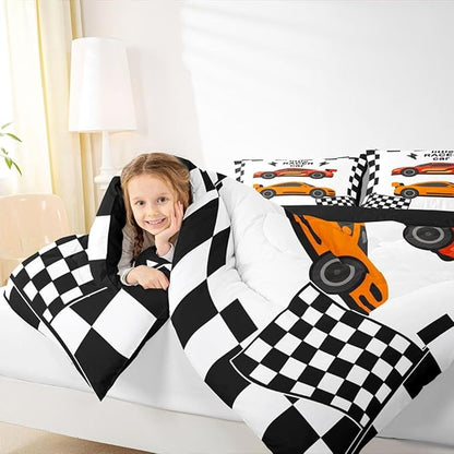 jejeloiu Boys Cartoon Racer Car Bedding Set King Size Black White Checkerboard Comforter Set for Kids Red Orange Duvet Set Cute Car Quilt Set 3Pcs