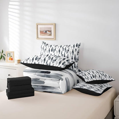 Erosebridal 7Pcs Black and White King Size Comforter Set,Gray Art Abstract Striped Bed in A Bag for Women Men Adults,Boho Graffiti Watercolor Modern Bedding with Bed Sheets,Geometric Quilt Set