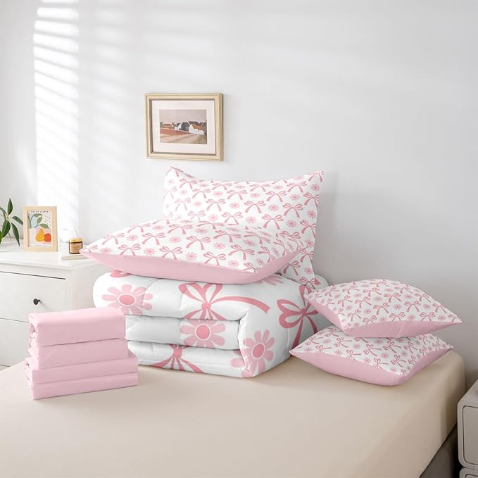 Feelyou Pink Bow Comforter Set Twin Size 7 Pieces Groovy Flower Daisy Bedding Set for Kids Boys Girls Cute Bowknot Bed in a Bag with Comforter, Sheets, Pillowcases, Cushion Covers Kawaii