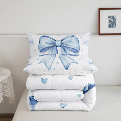 Erosebridal Cute Blue Bowknot Bedding Set Toddler for Kids Girls Teen Women,Kawaii Dreamy Bow Comforter Set Princess Style Blue White Heart Decor Bedding Comforter Sets Soft Breathable Quilt Duvet