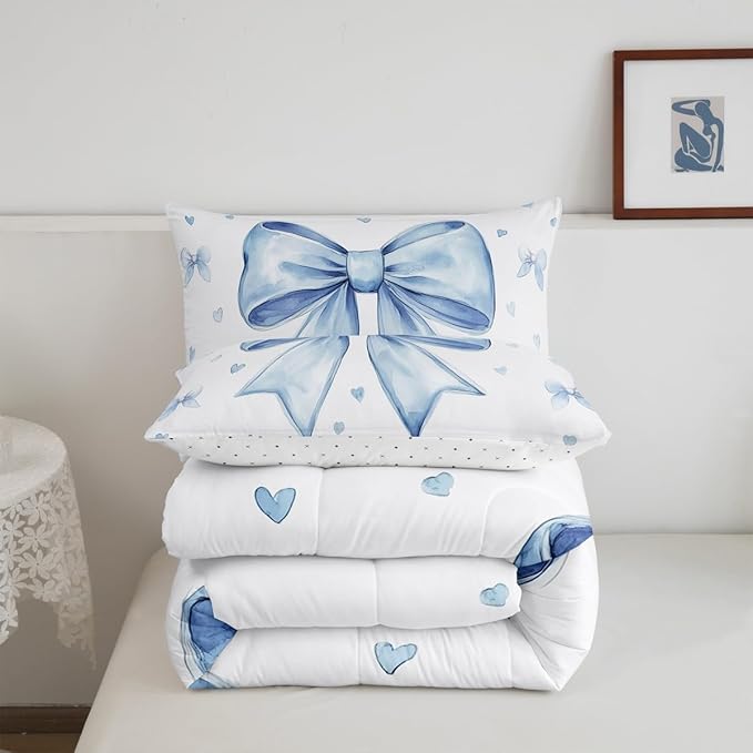 Erosebridal Cute Blue Bowknot Bedding Set King for Kids Girls Teen Women,Kawaii Dreamy Bow Comforter Set Princess Style Blue White Heart Decor Bedding Comforter Sets Soft Breathable Quilt Duvet