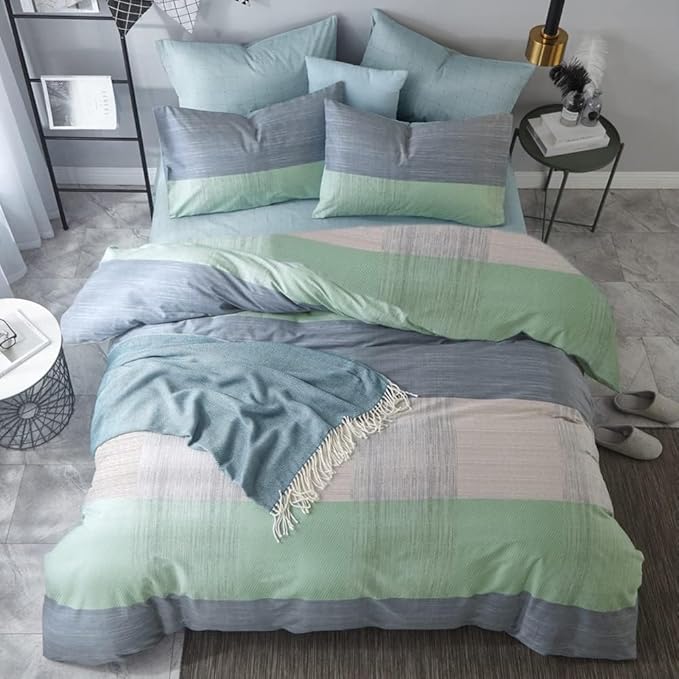 VM VOUGEMARKET Blue Green Comforter Set Queen Patchwork Geometric Comforter with 2 Pillowcases Simple Modern Bedding Set Bed in a Bag All Season Queen Comforter Set for Teens Adults