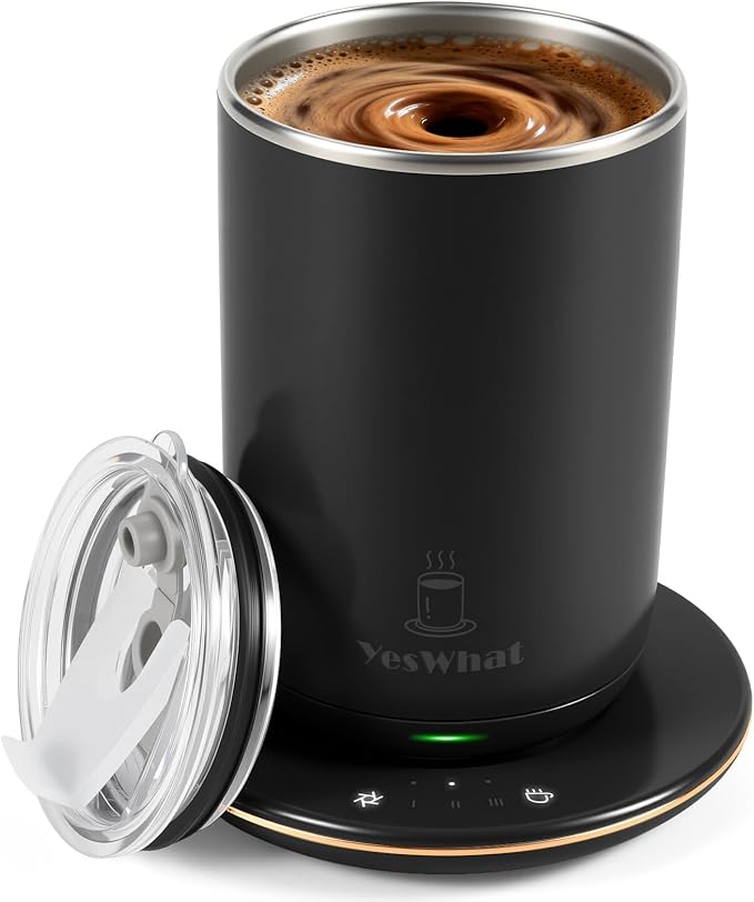 Heated Coffee Mug 11oz,Self Stirring Electric Mug with Temperature Control & Auto Shut-Off,Stainless Steel Smart Coffee Cup with Detachable Heating Base for Desk,Office,Home,Gifts for Women(Black)