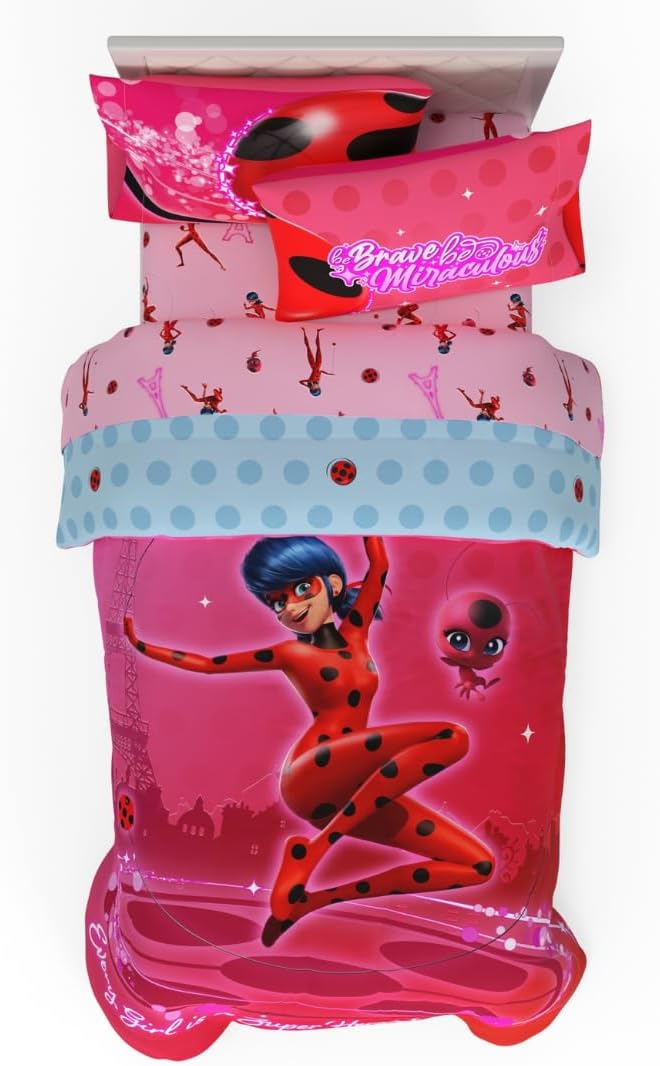 Miraculous: Tales of Ladybug and Cat Noir Kids Bedding Super Soft Comforter and Sheet Set, 5 Piece Full Size, (Officially Licensed Product)