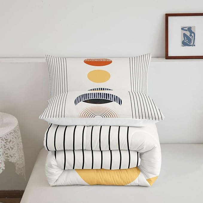 Erosebridal Modern Moon Print Bedding Set Queen Mid Century Comforter Set, Abstract Art Duvet Insert Geometric Stripe Quilt Sets, Aesthetic Bedding Comforters & Sets