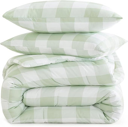 Wake In Cloud - Gingham Comforter Set, Plaid Buffalo Check Checkered Cottagecore Cute Geometric, Soft Lightweight Bedding, 3 Pieces, Sage Green, Queen Size