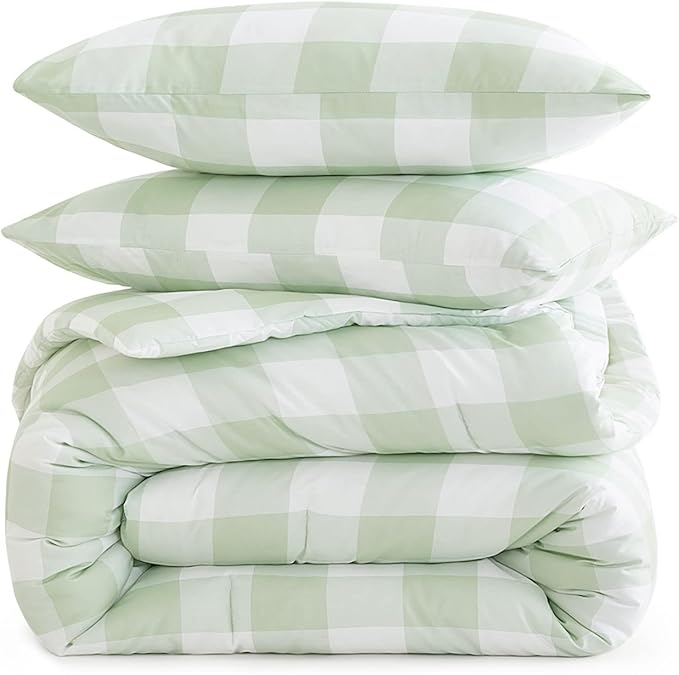 Wake In Cloud - Gingham Comforter Set, Plaid Buffalo Check Checkered Cottagecore Cute Geometric, Soft Lightweight Bedding, 3 Pieces, Sage Green, Full Size