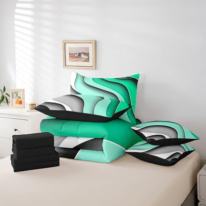 Erosebridal Green Teal Grey Ombre Bed in a Bag 7-Piece for Boys Geometric Stripe Bedding Set, Aesthetic Wave King Size Comforter Set Modern Abstract Bedding Comforter Sets, Gradient Bed Set