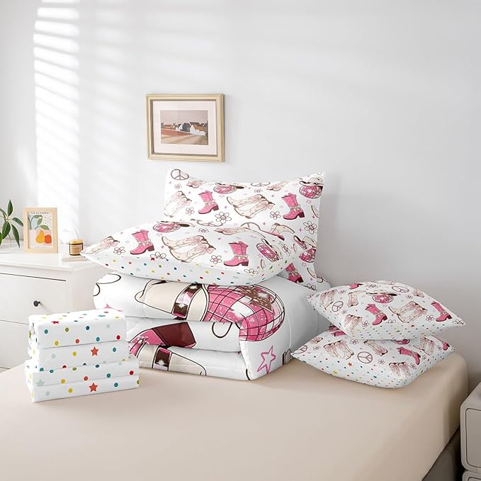 Feelyou Western Cowboy Comforter Set with Sheets Twin Size Kids Pink West Cowgirl 7 Pieces Bedding Set for Boys Girls Teens Rodeo Horseshoe Bed in a Bag Grunge Design Bed Set Floral Lamp Ball