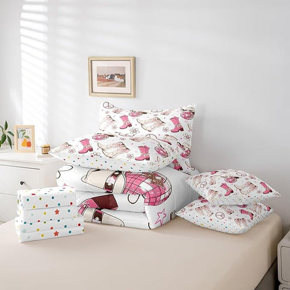 Feelyou Western Cowboy Comforter Set with Sheets Full Size Kids Pink West Cowgirl 7 Pieces Bedding Set for Boys Girls Teens Rodeo Horseshoe Bed in a Bag Grunge Design Bed Set Floral Lamp Ball