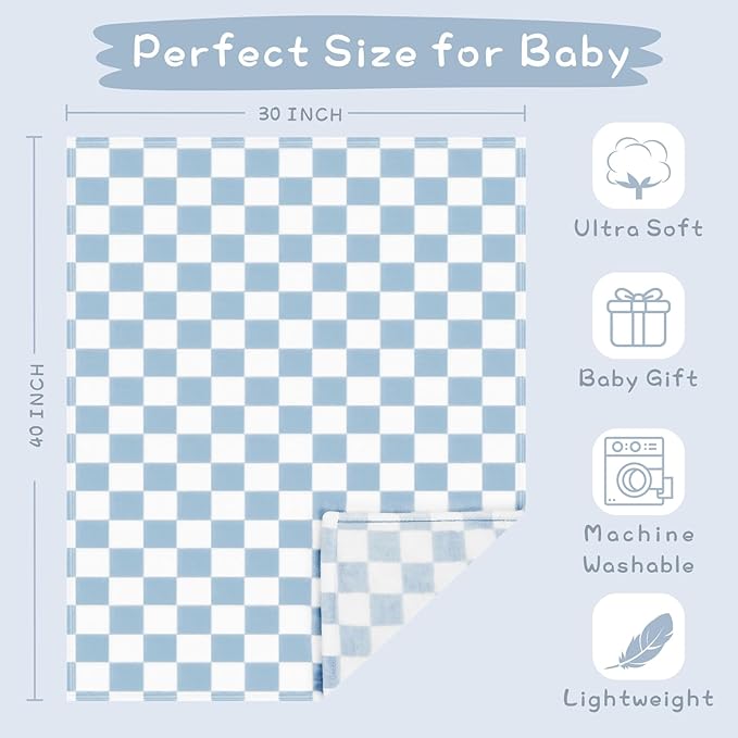 Yurhap Checkered Baby Blanket Fleece Baby Blankets for Boys, Ultra Soft Cozy Fluffy Infant Toddler Newborn Receiving Blankets for Crib Stroller, 30''x40'', Blue