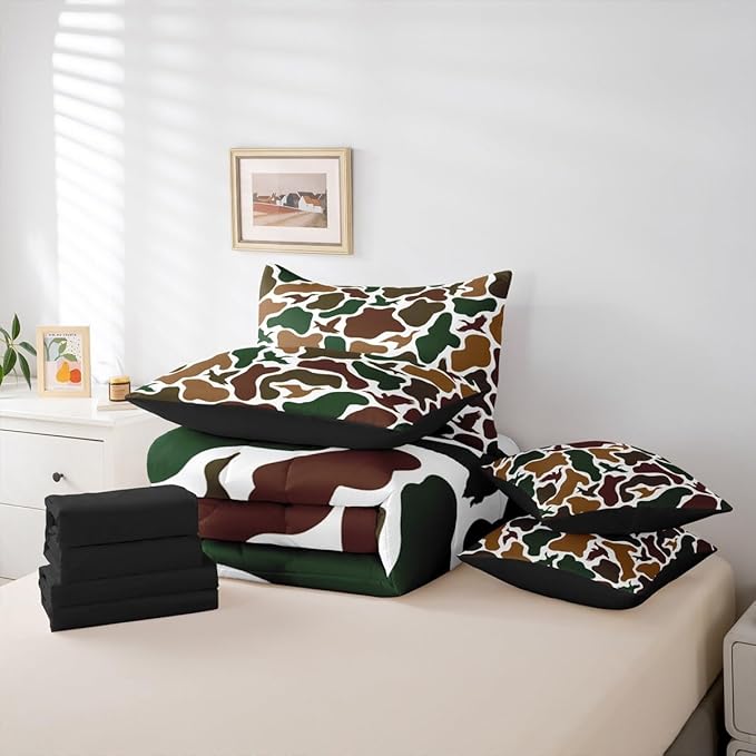 Erosebridal Camo Army 7 Piece Bedding Set Full Hunting Duck Comforter Set with Sheets Military Camouflage Bed in a Bag Wild Farmhouse Woodland Bed Sets Comforter