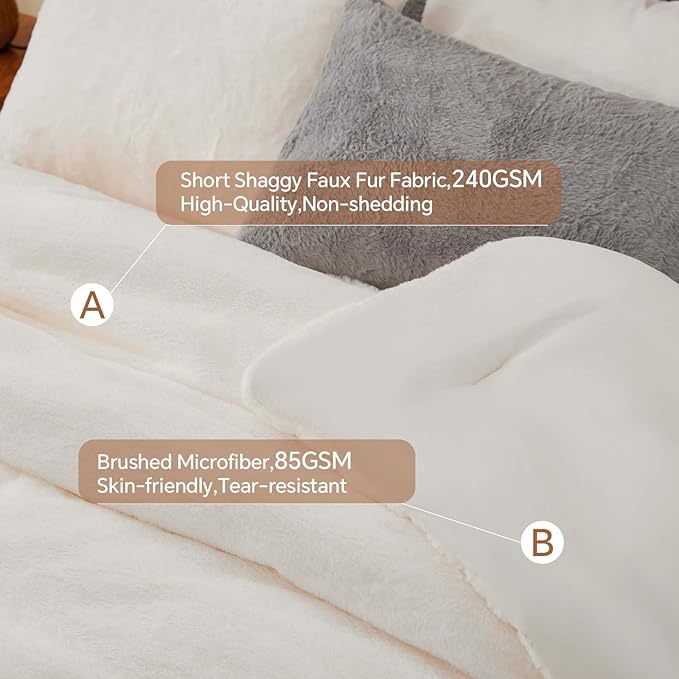 BEDELITE Faux Fur Fleece Queen Comforter Set - Fluffy & Warm Cream White Comforter Queen Size，Ultra Soft and Cozy Winter Bedding Set,Fuzzy Thick Bed Set,1 Comforter and 2 Pillowcases