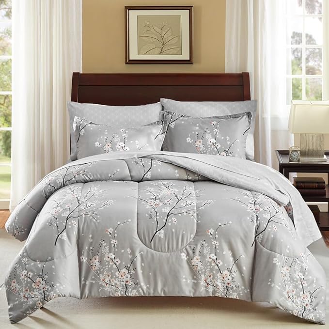 AIKASY Bed in a Bag 7 Pieces Queen Size - Floral Print - Soft Microfiber, Reversible Bed Comforter Set (1 Comforter, 2 Pillow Shams, 1 Flat Sheet, 1 Fitted Sheet, 2 Pillowcases)（Grey, Queen）
