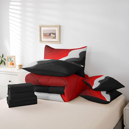 Red Grey Black Ombre Bedding Full Size 7-Piece Kids Teens Adults Geometric Stripe Comforter Set, Aesthetic Wave Bedding Comforter Sets Modern Abstract Bed in a Bag, Gradient Bedding Accessories