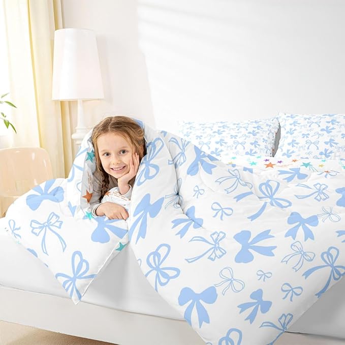 Erosebridal Cute Blue Bow Bedding Set King Size,Dreamy Princess Style Bowknot Comforter Set for Girls Kids Teen,Cute Kawaii Bow Bedding Comforter Sets Girly Coquette Blue Butterfly Knot Quilt