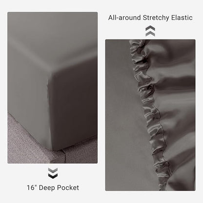 THXSILK 100% Mulberry Silk Fitted Sheet Set, 7A+ Silk 3 Pieces Bed Sheets, Breathable, Smooth, 16 Inch Deep Pocket Fitted Sheet, 2 Pillowcases - Charcoal, Twin