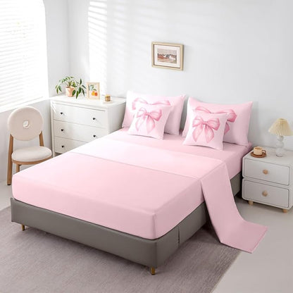 Feelyou Pink Bow Comforter Set King Size 7 Pieces Cute Bowknot Bedding Set for Kids Boys Girls Pricess Style Bed in a Bag with Comforter, Sheets, Pillowcases, Cushion Covers Kawaii Bedroom Decor