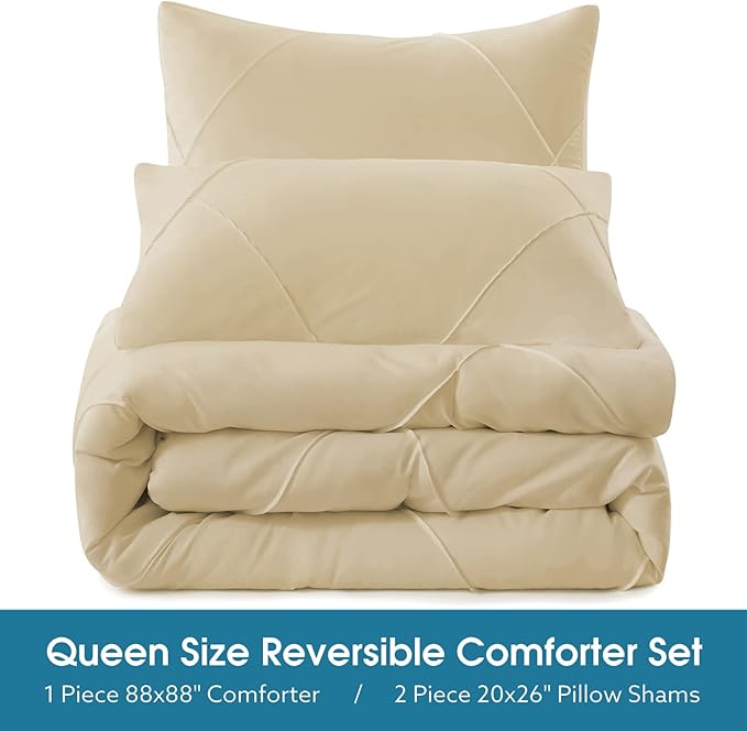 BYSURE 3 Pieces Queen Comforter Set(Beige), Lightweight Bedding Set with 2 Pillow Shams, Down Alternative Diamond Stitched Bedding Comforter for All Season
