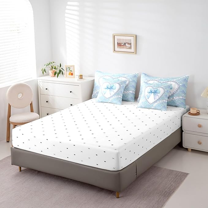 jejeloiu Girls Blue Bowknot 7 Piece Bedding Set King Size White Pearl Comforter Set with Sheets for Kids Women Glitter Mermaid Bed in a Bag Princess Style Bed Set