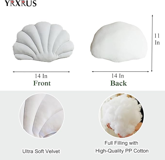 YRXRUS White Seashell Shaped Pillow, Ultra Soft Velvet Cushion for Bed, Living Room, Kids Room - 3D Insert, 14x11 Inch