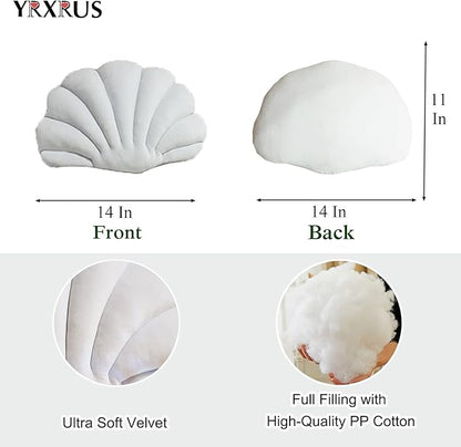 YRXRUS White Seashell Shaped Pillow, Ultra Soft Velvet Cushion for Bed, Living Room, Kids Room - 3D Insert, 14x11 Inch