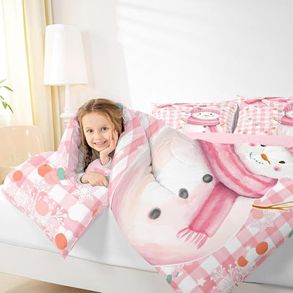 Castle Fairy Pink Bow Girly Style Boys Girls Comforter Set Full Size,Cute Cartoon Snowman Duvet Set Teens Bedroom Decor,Pink White Geometric Grid Dots Microfiber Soft Bedding
