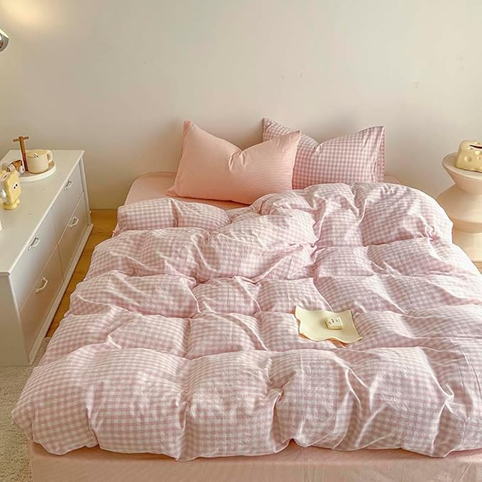 Nayoroom Pink Gingham Comforter Set King Size Plaid Checkered Comforter 3 Pcs Soft Lightweight Grid Farmhouse Dorm Bedding Set for All Seasons (1 Comforter, 2 Pillowcases)