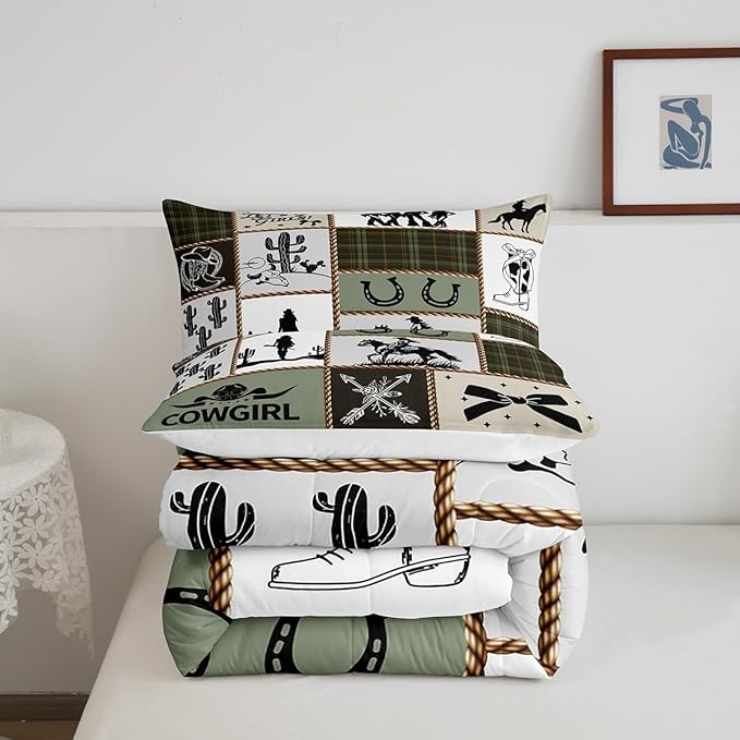 Western Cowgirl Comforter Set Queen Size,Cactus Horseshoe Cow Skull Rustic Farmhouse Bedding Set,Girls Women Room Decor,Bow Arrow Patchwork Down Comforter,Camo Country Duvet Insert,2 Pillowcases