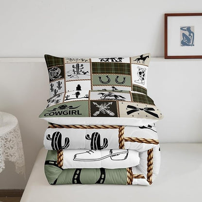 Manfei Western Cowgirl Comforter Set Twin Size,Cactus Horseshoe Cow Skull Rustic Farmhouse Bedding Set,Girls Women Room Decor,Bow Arrow Patchwork Down Comforter,Camo Country Duvet Insert,1 Pillowcase