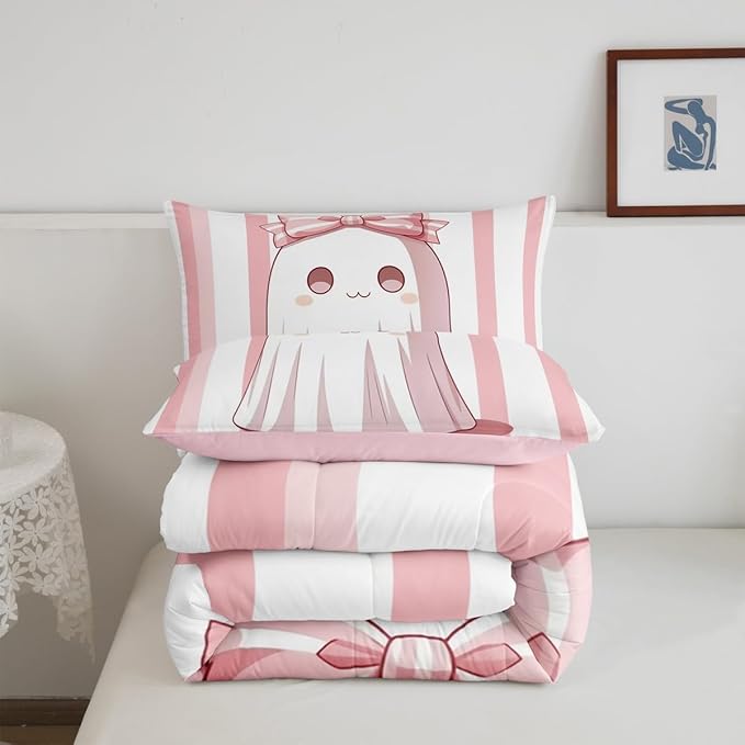 Erosebridal Girls Halloween Decorations King Bedding Set, Pink Ghost Pink Bow Comforter Set for Kids Teens Youth Adults Cute Room Decor, Bows Comforter Abstract Stripes Holloween Quilt, 2 Pillowcases