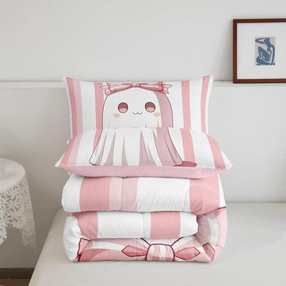 Erosebridal Girls Halloween Decorations Comforter Set Twin, Pink Ghost Bedding Set for Kids Teens Youth Woemen Men, Pink Bow Comforter Abstract Stripes Holloween Quilt with 1 Pillow Case