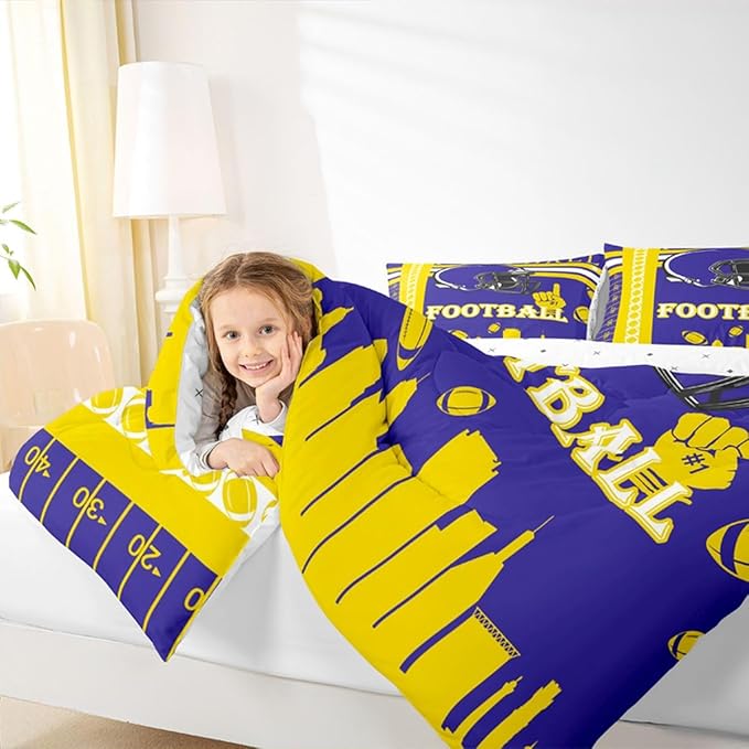 Feelyou Football Bedding Set Boys Girls Comforter Set Full Size Sports Themed Women Men Rugby Sport Duvet Quilt Football City Yellow Purple Room Decor