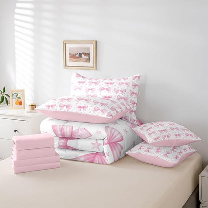 Erosebridal Starry Cute Pink Bowknot Girls 7 Piece Bedding Set Twin | Bow Girly Stripe Kawaii Comforter Set with Sheets Plaid Checkered Bed in A Bag White Ribbon Kids Women Bed Sets