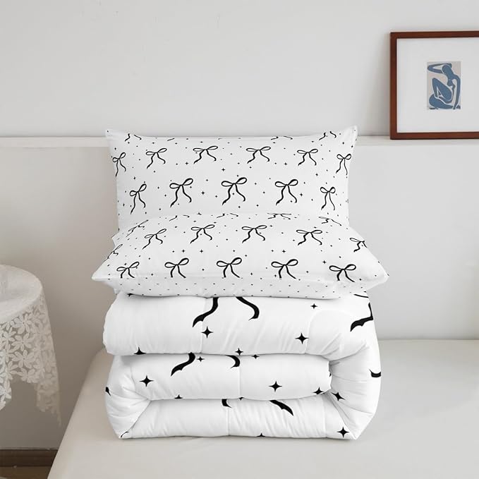 Erosebridal Black and White Bowknot Twin Size Comforter Set, Cartoon Bow Bedding Set for Kids Girls Women Bedroom, Dreamy Princess Down Comforter, Princess Galaxy Stars Quilt with 1 Pillow Case