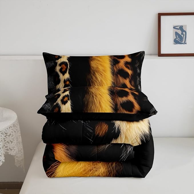 jejeloiu 3D Gold Leopard Bedding Set Toddle Size Adult Leopard Comforter Set for Boys Girls Animal Print Duvet Set Wild Animal Fur Quilt Set 2Pcs