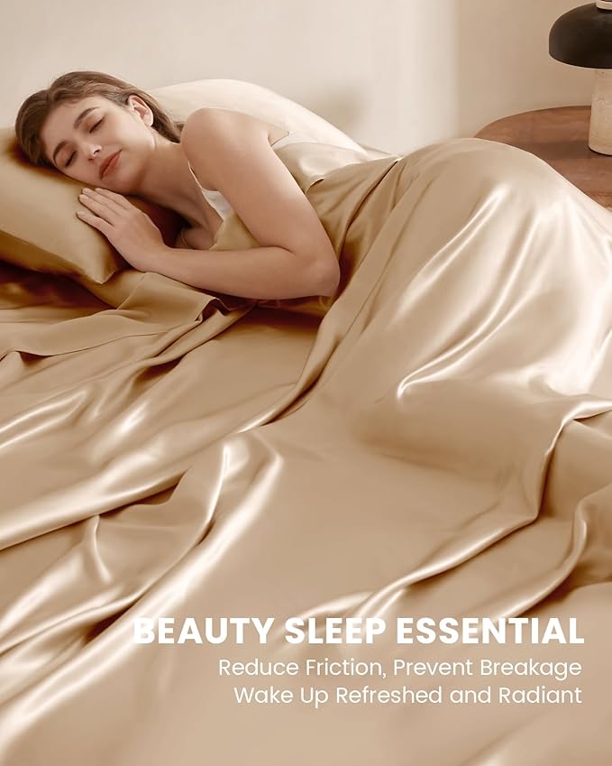 THXSILK Silk Sheet Set 4 Pcs, Queen Size Sheet Set, Soft Breathable Cooling Bed Sheets with 1 Flat Sheet, 1 Fitted Sheet, 2 Pillowcases with Zipper Closure, Champagne
