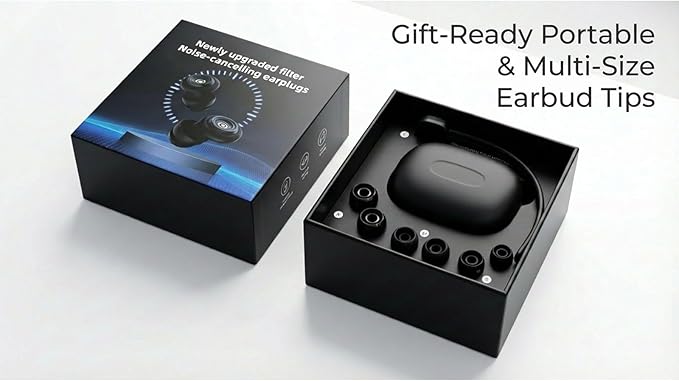 Noise Reducing Earplugs for Sleep, Swimming, Travel, Concerts, Focus and Work, 50dB Noise Reduction Washable Silicone Ear Plugs with Filter Tech, 5 Pairs of Ear Tips & Carrying Case(Black)