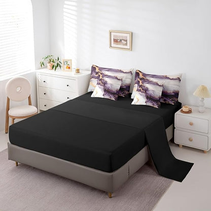 Erosebridal Purple Marbling Bedding King Size 7-Piece Watercolor Aesthetic Comforter Set, Foil Print Marble Bedding Comforter Sets Modern Abstract Art Bed in a Bag, Gold Metallic Bedding Accessories