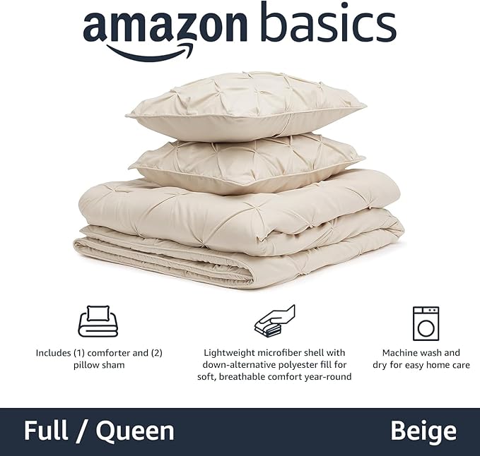 Amazon Basics Soft, Breathable Queen Size Comforter Set, All-Season Down-Alternative 3-Piece Bedding Set, Pinch Pleat Design with Piped Edges, Full/Queen, Beige