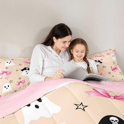 Erosebridal Halloween Ghost Comforter Set Toddler, Pink Bows Bedding Set, Halloween Decor Kawaii Bowknot Comforter, White Polka Dotstar Star Quilt with 1 Pillowcase for Kids Girls Women