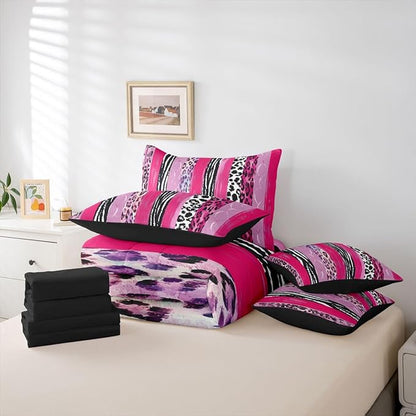 Erosebridal Leopard Print Stripe White Pink Girls King 7-Piece Comforter Set | Cheetah Fur Geometric Sheets and Pillowcases Animal Skin Pattern Bed in A Bag Adults Women Men Bed Sets
