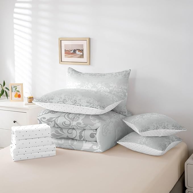 Erosebridal Gothic Damask Comforter Set 7 Piece Bed in a Bag Twin,Exotic Moth Bedding Sets Silver White Victorian Floral Goth Sheet Set with Comforter