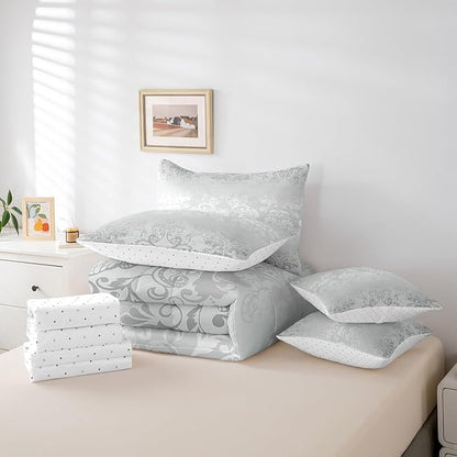 Erosebridal Gothic Damask Bed in a Bag King Size Comforter Set 7 Pieces,Exotic Moth Bedding Sets Silver White Victorian Floral Goth Sheet Set with Comforter