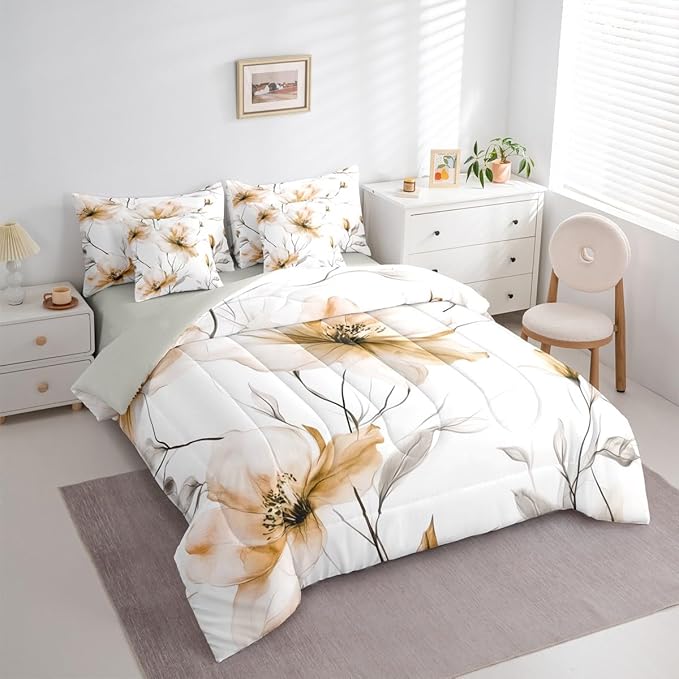 Erosebridal Champagne Flower Queen 7 Pieces Bedding Set, Boho Floral Comforter Set with Sheets, Elegant Flower Boho Bed in A Bag for Women Adults Girls Bedroom, Watercolor Flowers Bed Sets