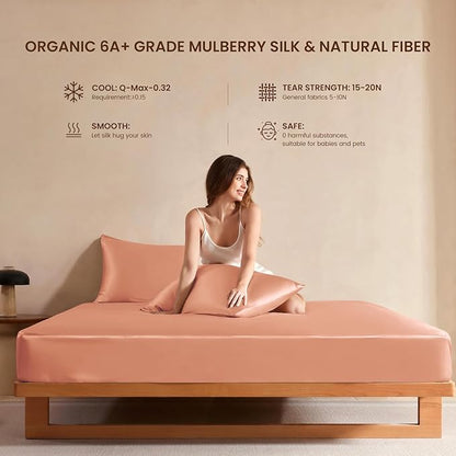 THXSILK Luxury Mulberry Silk Bed Sheets Set - 4pcs Silk Sheets Set 16" Deep Pocket - 1 Flat Sheet, 1 Fitted Sheet, 2 Pillowcases with Zipper Closure - Queen, Peachy Pink