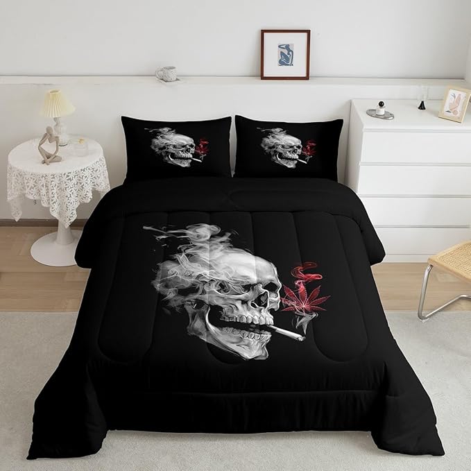 Erosebridal Smoky Skull Comforter Set Queen,Red Leaves Bedding for Kids Boys Girls Teens,Gothic Skeleton Down Comforter, Plant Tropical Botanical Bedding Comforter Sets