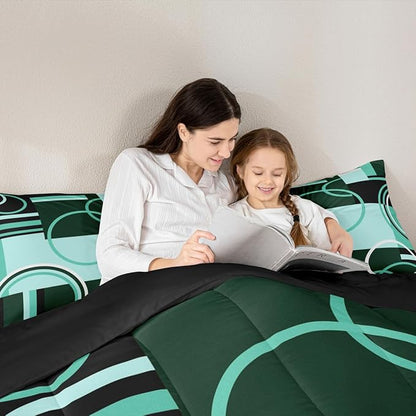 Retro Green Grey Black Comforter King Size Swirls Gromment Bedding Set for Kids Teens Adult Abstract Circles Rings Quilt Geometric Grid Duvet Insert Graphic Texture Quilted Comforter