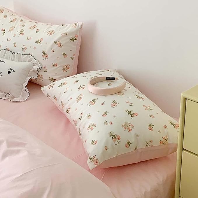 Nayoroom Pink Floral Comforter Set Queen Size Reversible Green Leaf Cottagecore Comforter Girls 3 Pcs Soft Lightweight Aesthetic Bedding Set for All Seasons (1 Comforter, 2 Pillowcases)