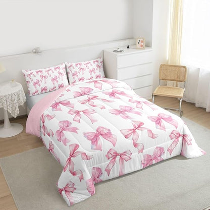 Erosebridal Cute Pink Bow Twin Bedding Set for Girls,Dreamy Coquette Bowknot Comforter Set Girly Princess Style Bedding Comforter Sets Cute Kawaii Pink Bow Bed Set for Kids Teen Women